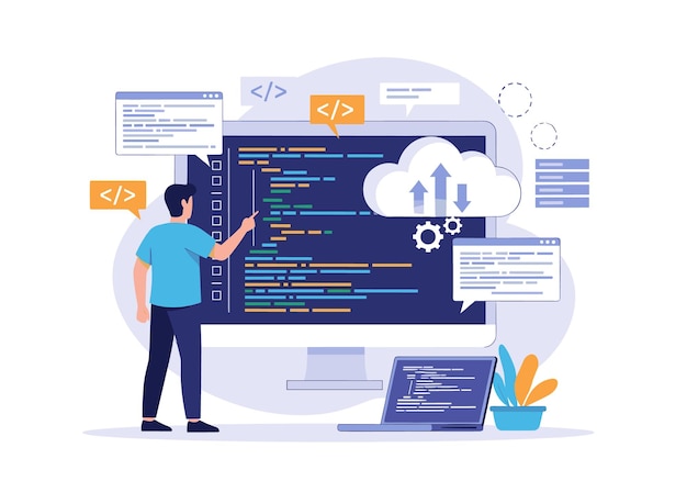 Vetor desenvolvedor de software trabalhando em código na nuvem