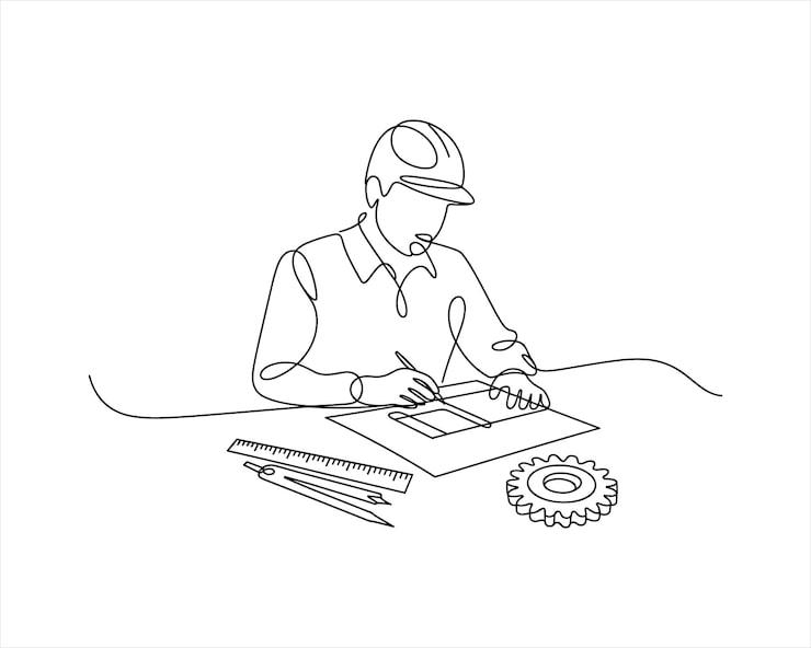 Vetor engenheiro elaborando projetos com ferramentas e equipamentos de desenho técnico.