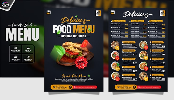 Vetor modelo de design de cardápio de comida e bebida deliciosa