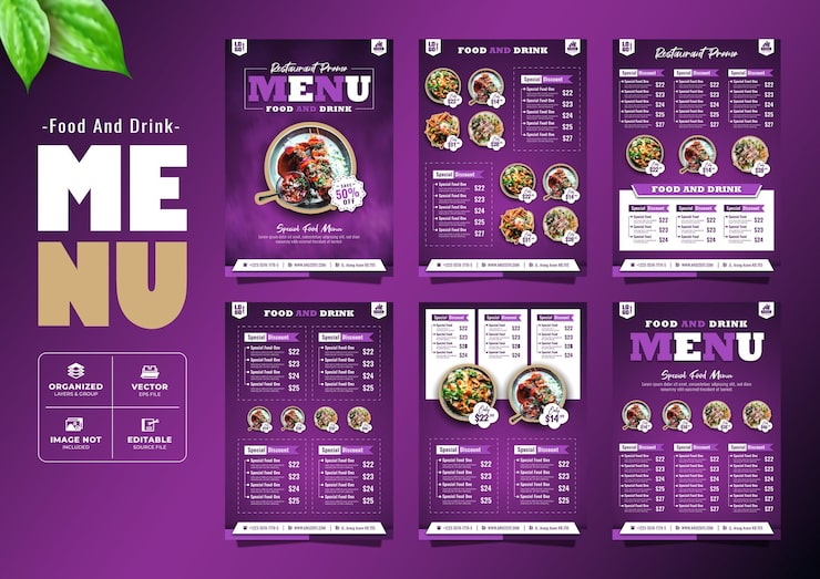 Vetor modelo de flyer e banner com design elegante de menu de comida e bebida
