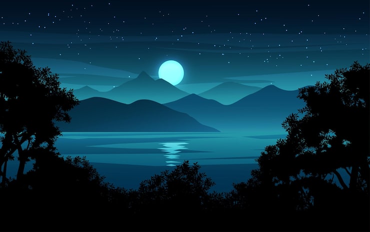 Vetor paisagem noturna de lago e montanha com lua cheia e estrelas