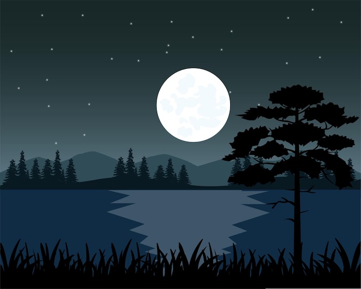 Vetor paisagem noturna grande quintal e montanhas com madeira