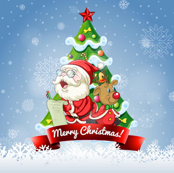 Vettore gratuito font di buon natale con babbo natale e renne