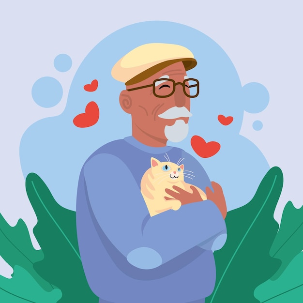 Vettore gratuito nonno e gatto