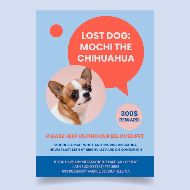 Vettore gratuito poster di cane smarrito semplice design piatto