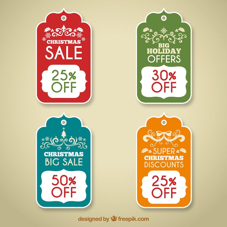 Vettore gratuito quattro tag natale di sconto in stile retrò