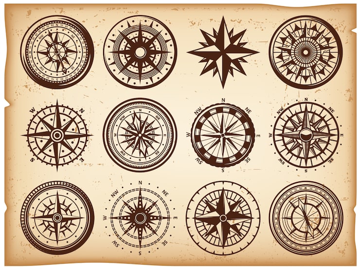 Vettore gratuito set di icone di bussole nautiche d'epoca
