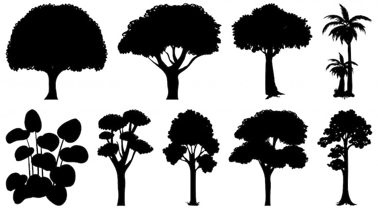 Vettore gratuito set di silhouette di piante e alberi