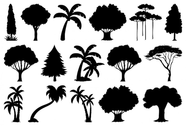 Vettore gratuito set di silhouette di piante e alberi