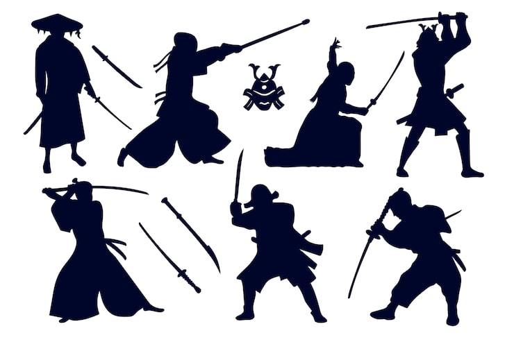 Vettore gratuito set di silhouette di samurai disegnate a mano