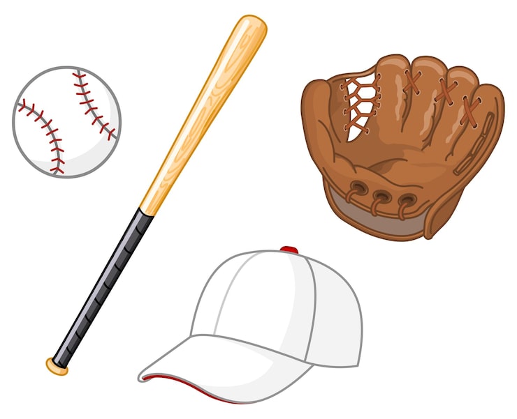 Vettore elementi di palla da baseball, cappello e guanto
