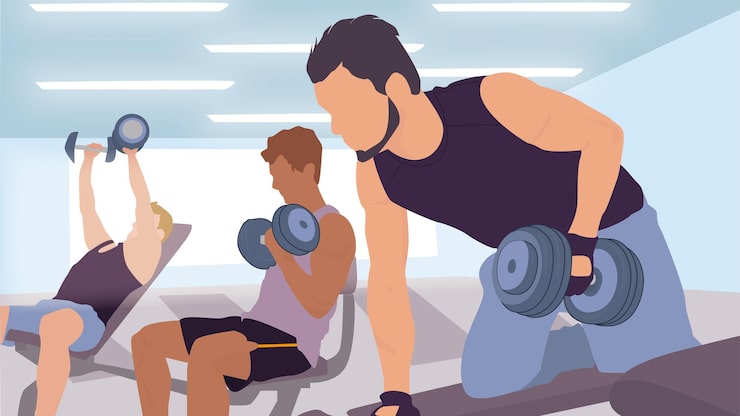 Vettore hombres haciendo ejercicio levantando pesas en el gimnasio