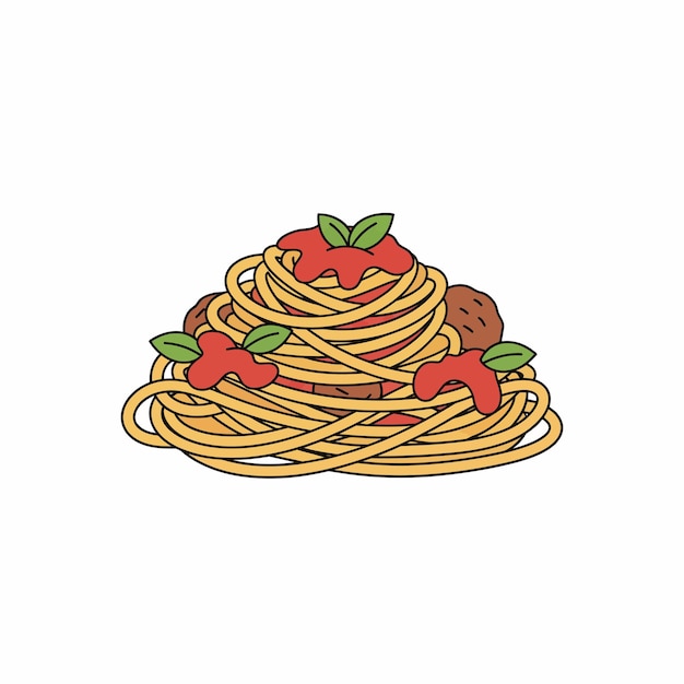 Vettore spaghetti classici con polpette e basilico