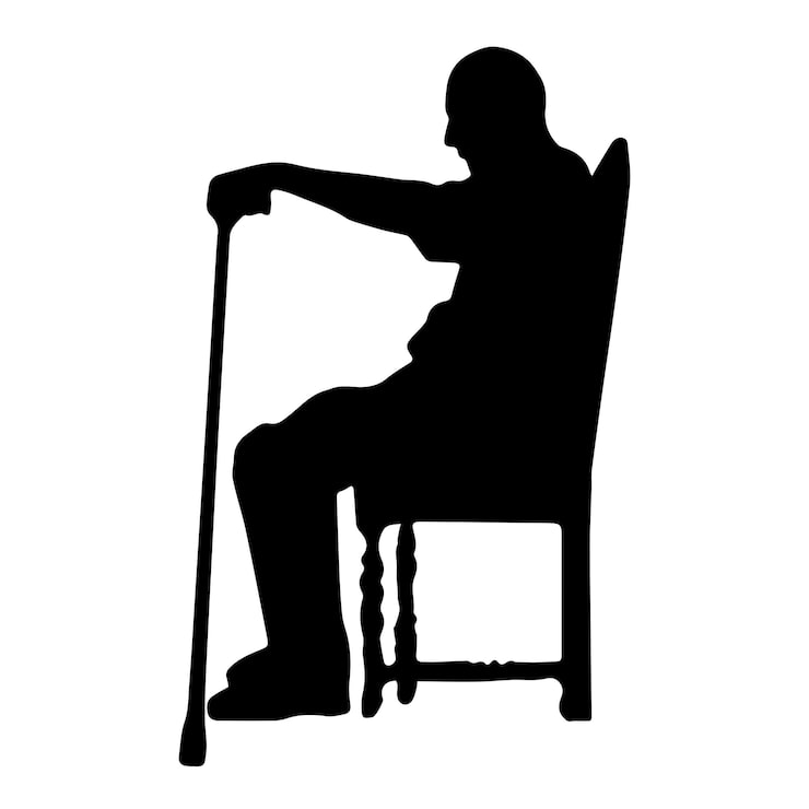 Vettore uomo anziano seduto e con un bastone in silhouette