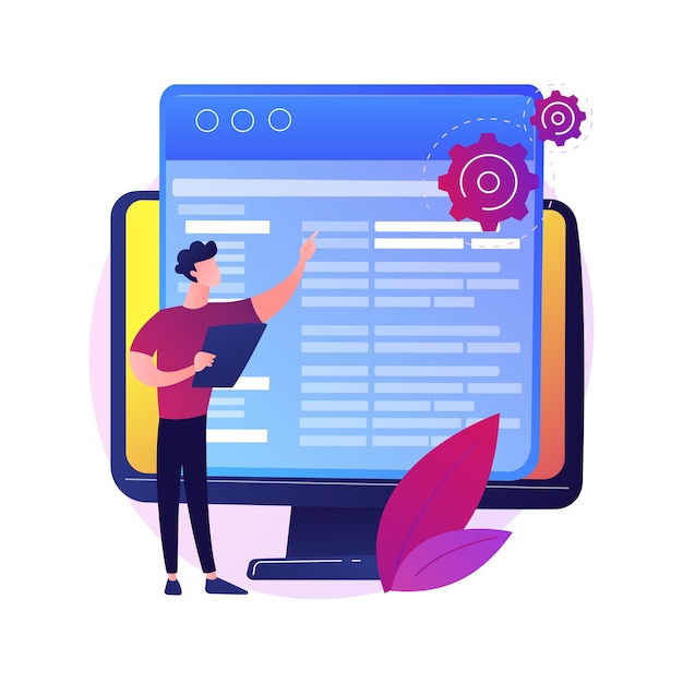 Gratis Vector codering en website-ontwikkeling. technische hulp. programmering engineering. coder, webontwikkelaar, computersoftware. programmeur mannelijk plat karakter.