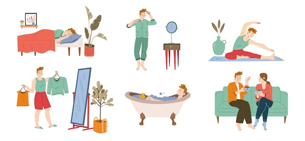 Gratis Vector dagelijkse routine van man platte tekenset