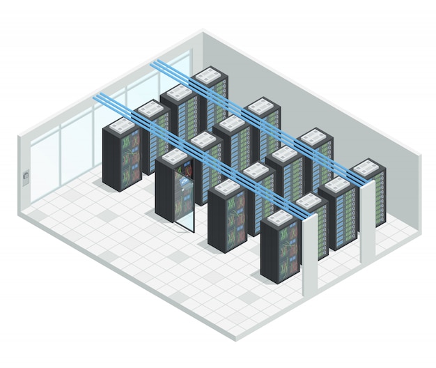 Gratis Vector datacenter server cloud computing isometrische interne samenstelling
