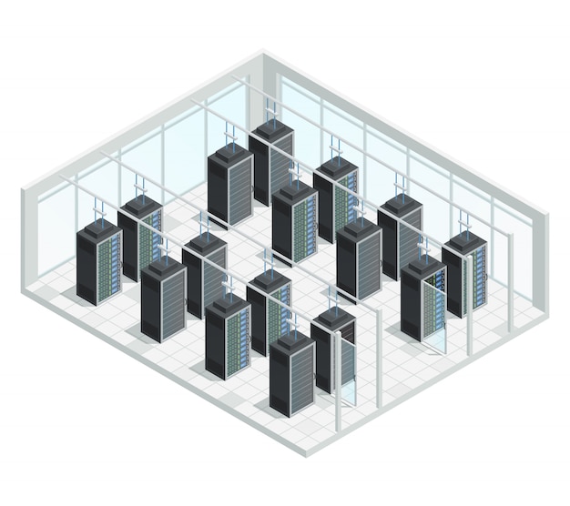 Gratis Vector datacenter server cloud computing isometrische interne samenstelling