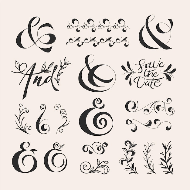 Gratis Vector handgetekende bruiloft ornamenten pack