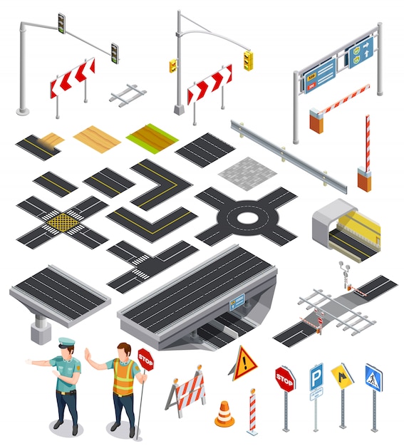 Gratis Vector isometrische elementen van wegsecties
