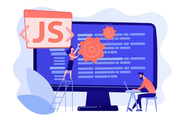 Gratis Vector programmeurs die javascript-programmeertaal gebruiken op de computer, kleine mensen. javascript-taal, javascript-engine, js-webontwikkelingsconcept