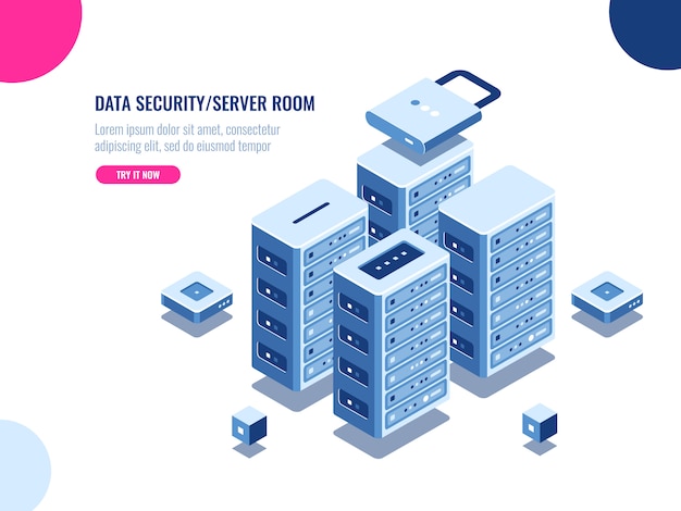 Gratis Vector serverkamerkast, datacenter en database isometrisch pictogram, server rack farm