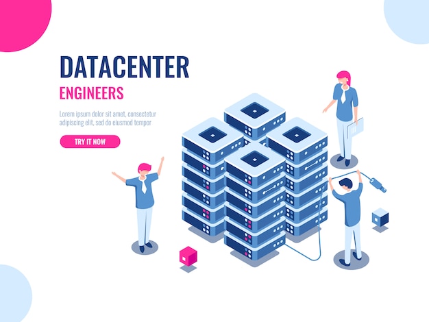 Gratis Vector serverruimte rack, database en datacenter, cloudopslag, blockchaintechnologie, engineer, teamwerk
