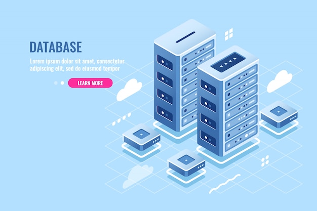 Gratis Vector serverruimte, webhosting, cloudopslag, database en datacenter isometrisch pictogram