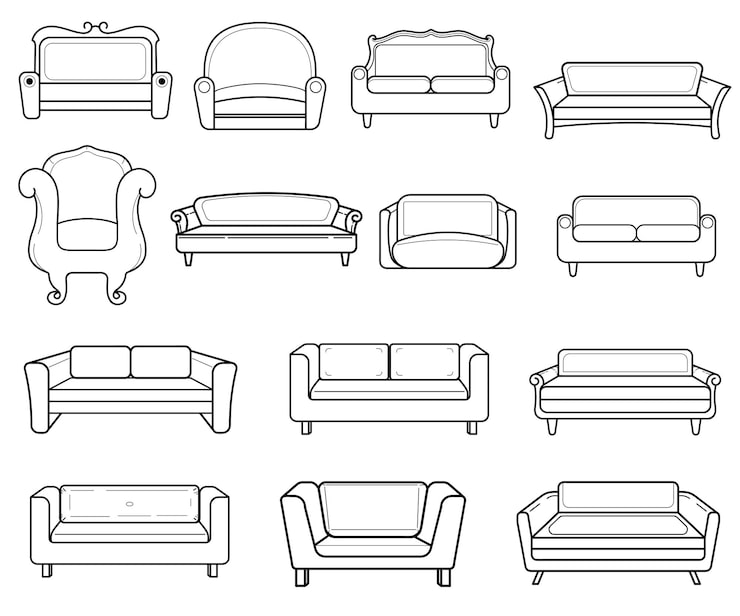 Gratis Vector set sofa lijntekeningen meubels schetst sofa-collectie