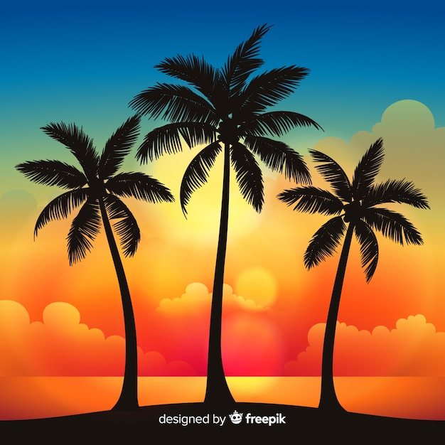 Gratis Vector strandzonsondergang met palmsilhouetten