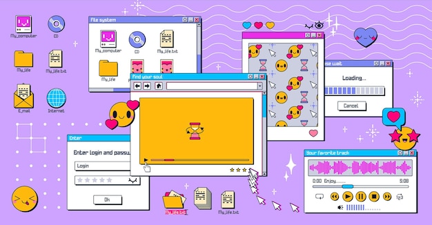 Gratis Vector y2k-vensters op computer pc desktop retro scherm